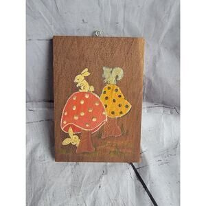MCM 1980 Mushrooms Rabbits Bunnies Wood Wall Plaques Hand Painted Folk Art